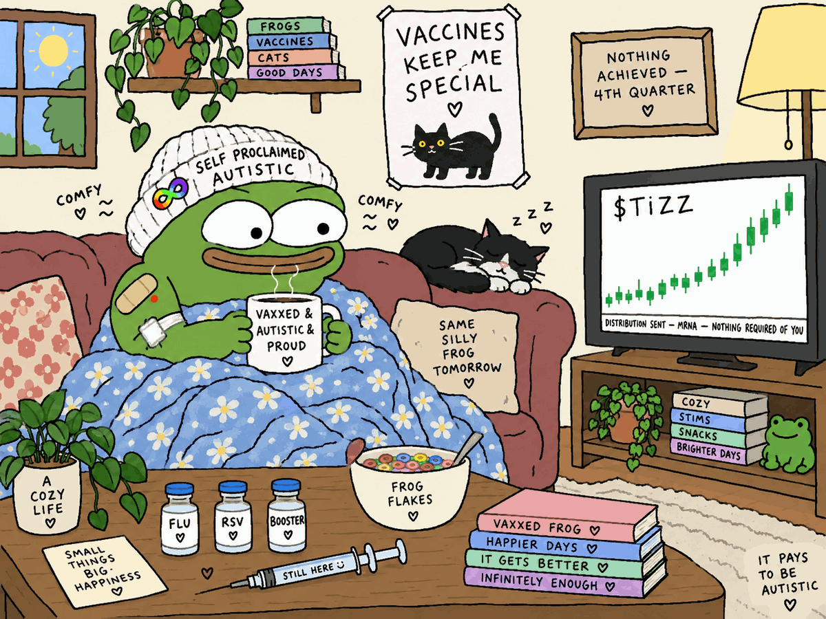 Apu Apustaja the crude frog sits wrapped in a blanket on a sofa with a band-aid on his arm, holding a 'Vaxxed & Autistic & Proud' mug, watching a green chart on TV.