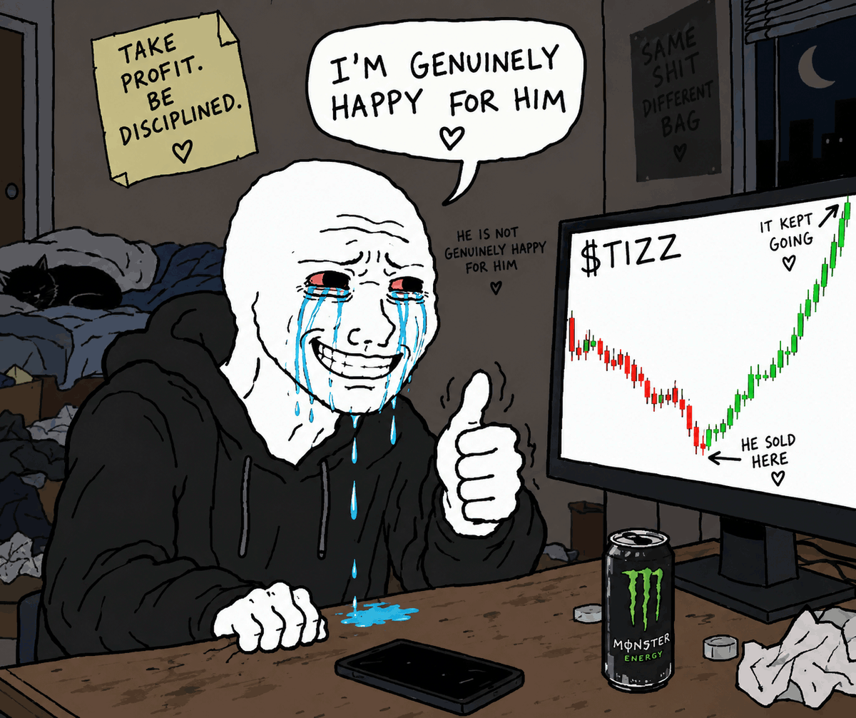 A hoodie-wearing wojak forcing a smile while blue tears pour down his face, giving a shaky thumbs up at a chart marked 'he sold here' with the price continuing off the screen.