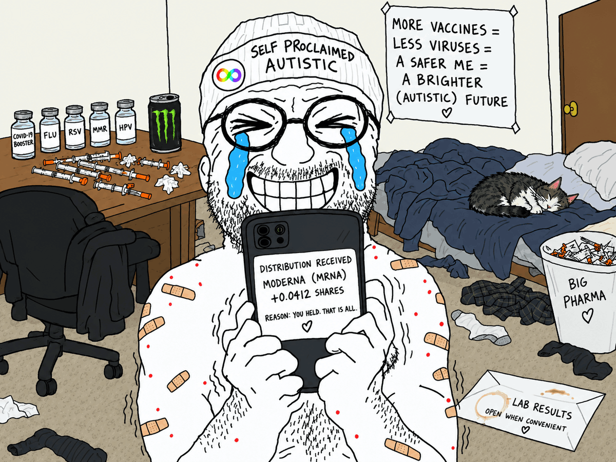 A crying, grinning wojak in a 'Self Proclaimed Autistic' beanie holds up a phone showing a Moderna distribution notification, while an unopened envelope labelled 'Lab Results' lies ignored on the floor.