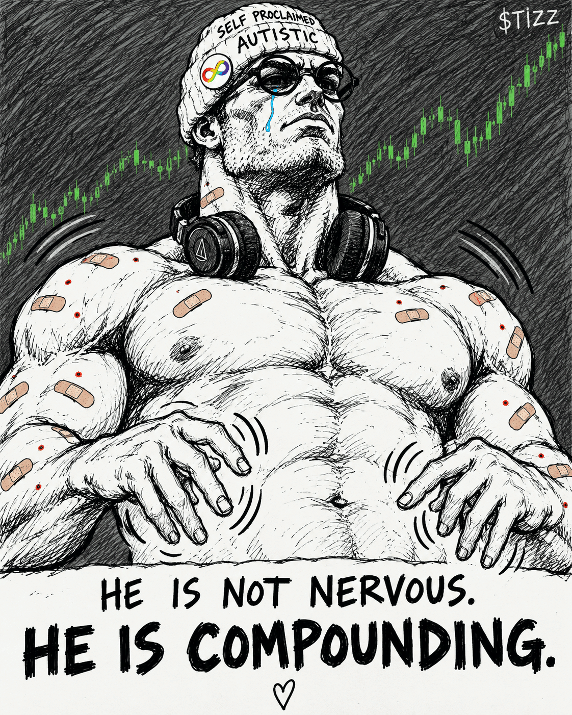 A gigachad-style figure with an enormous jaw wearing a 'Self Proclaimed Autistic' beanie and covered in band-aids, rocking back and forth with motion lines, captioned 'He is not nervous. He is compounding.'