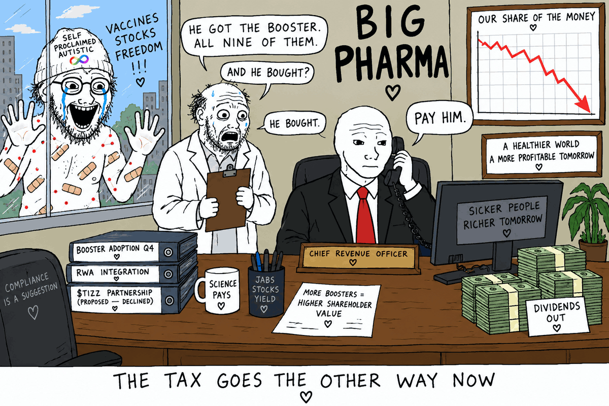 Two blank-faced pharma executives at a desk saying 'He got the booster... and he bought?' 'Pay him.' while a grinning band-aid-covered wojak presses his face against the office window.