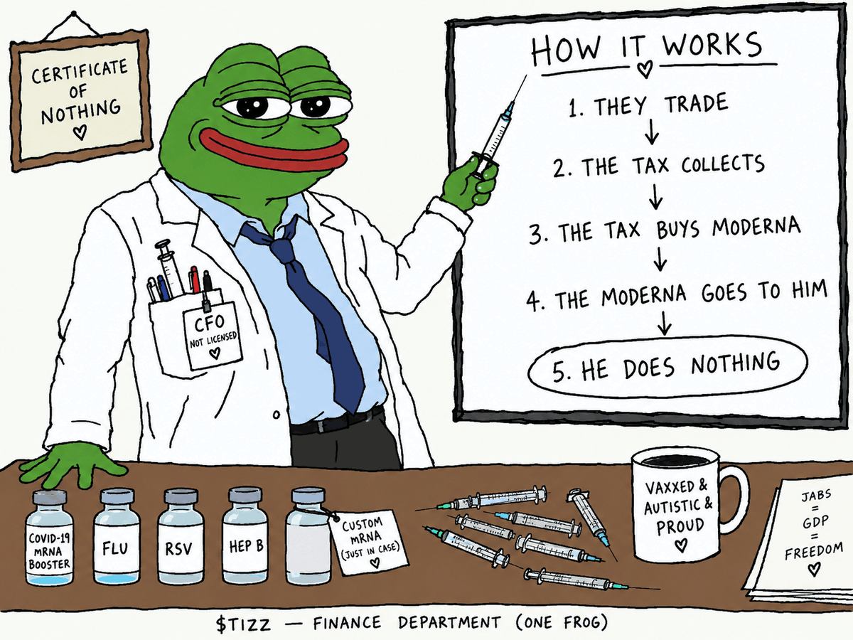 A smug cartoon frog in a white lab coat with a 'CFO / not licensed' badge, pointing a syringe at a whiteboard that explains the trading tax buying Moderna for holders.