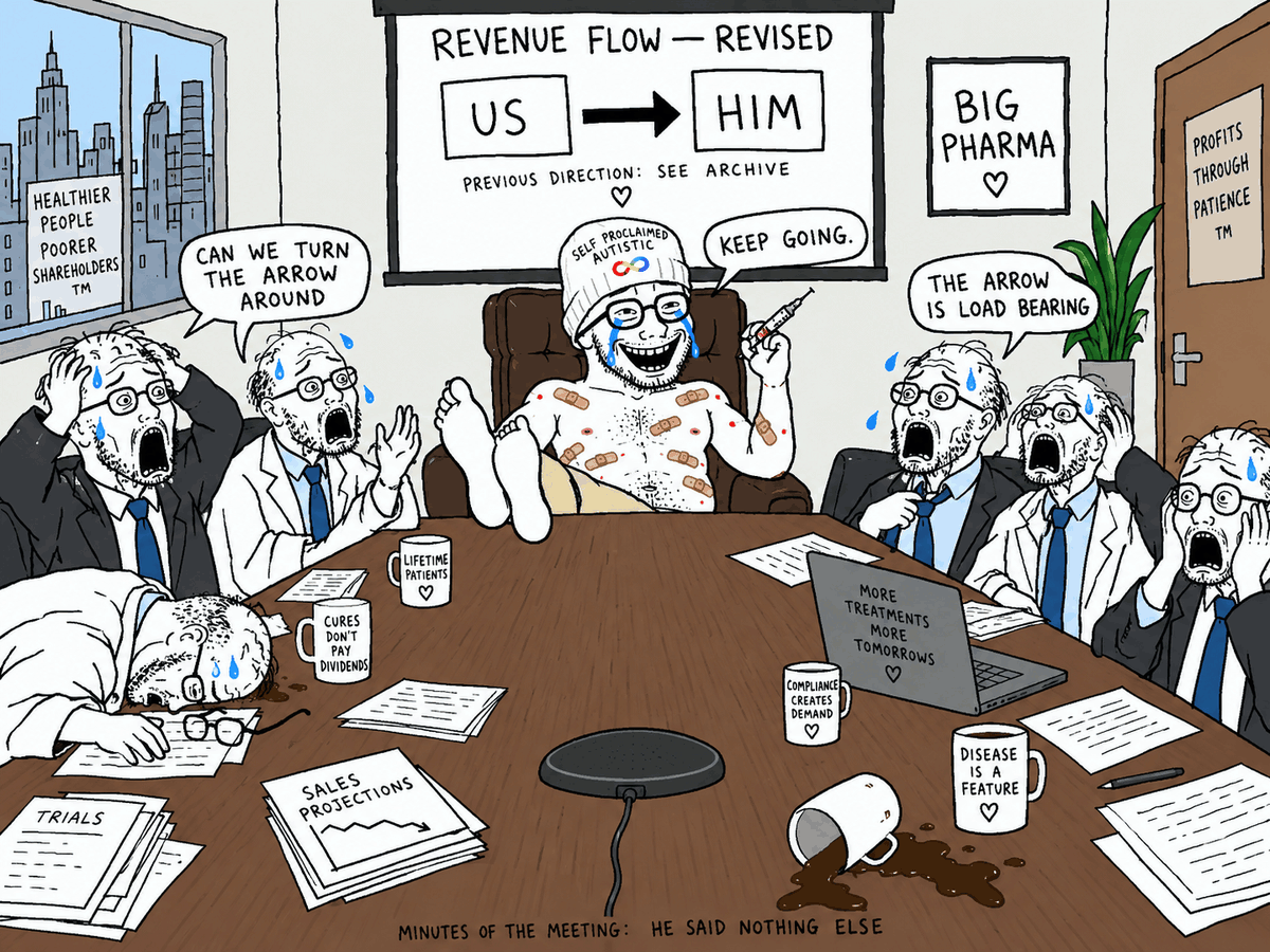 A boardroom of panicking soyjak pharma executives around a table while a grinning band-aid-covered wojak in an autism beanie sits at the head, under a slide showing a revenue arrow pointing from 'US' to 'HIM'.