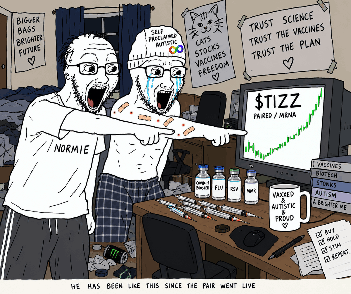 Two open-mouthed soyjaks pointing at a computer monitor displaying the ticker $TIZZ paired to MRNA, in a messy bedroom lined with labelled vaccine vials.