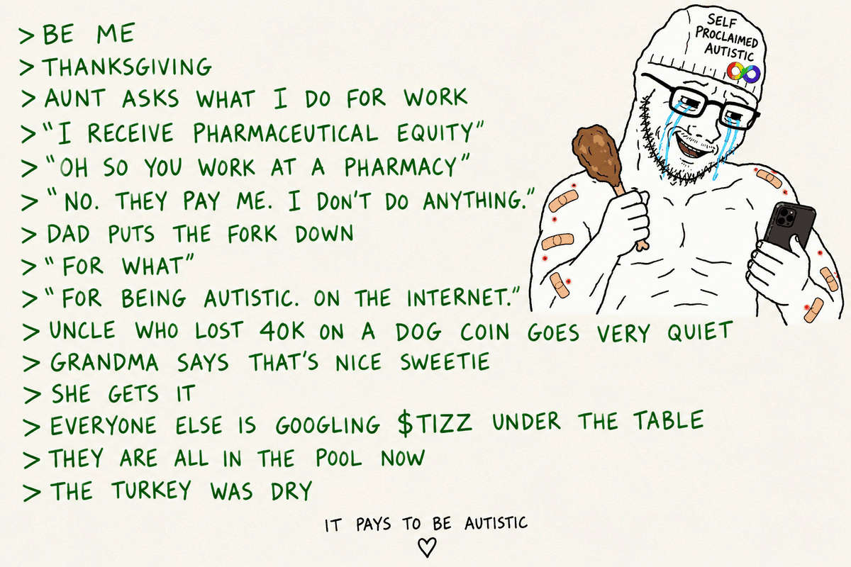 A greentext post in wobbly green handwriting about explaining a Moderna-paying token to family at Thanksgiving, with a crying grinning wojak in a beanie drawn in the corner.