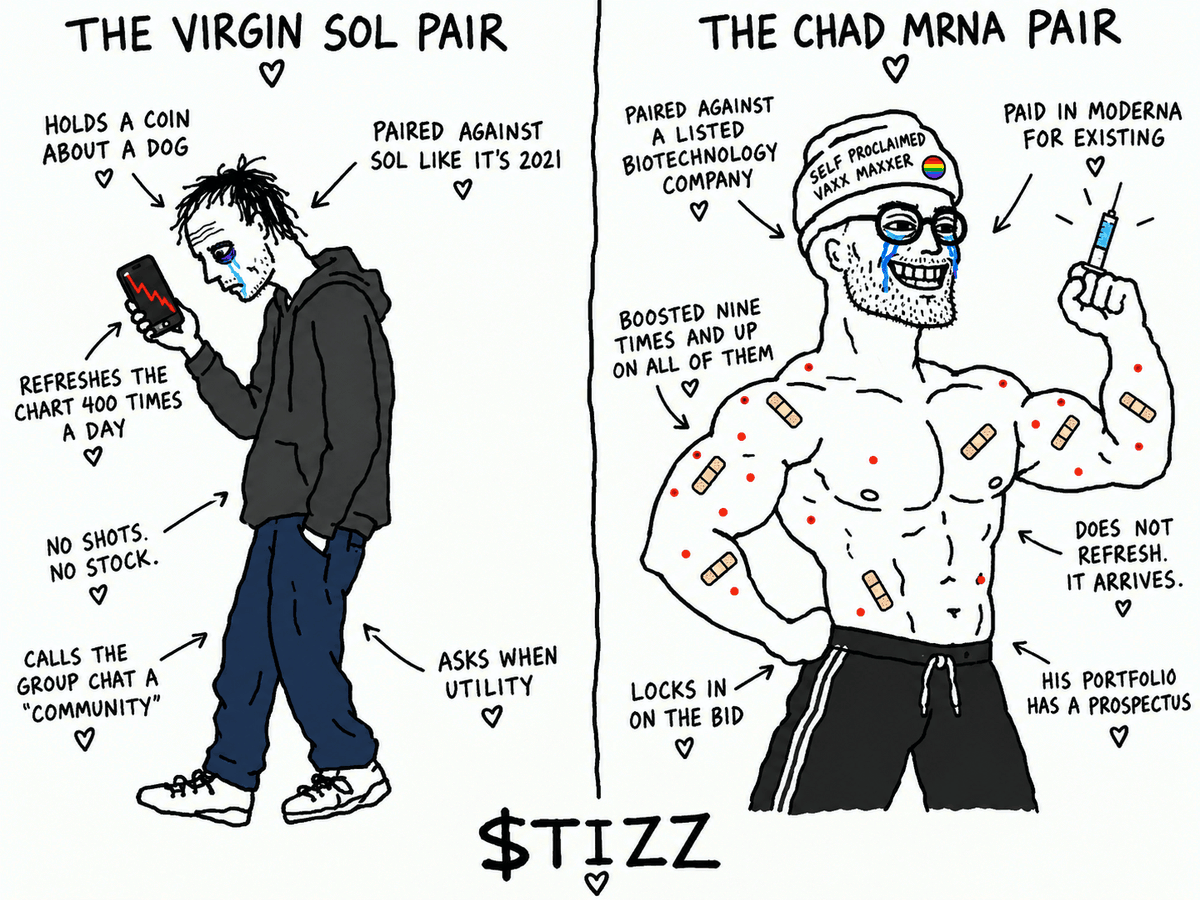 Two-panel virgin versus chad meme: a hunched sad wojak labelled 'The Virgin SOL Pair' next to a huge jawed wojak in a 'Self Proclaimed Autistic' beanie covered in band-aids labelled 'The Chad MRNA Pair'.