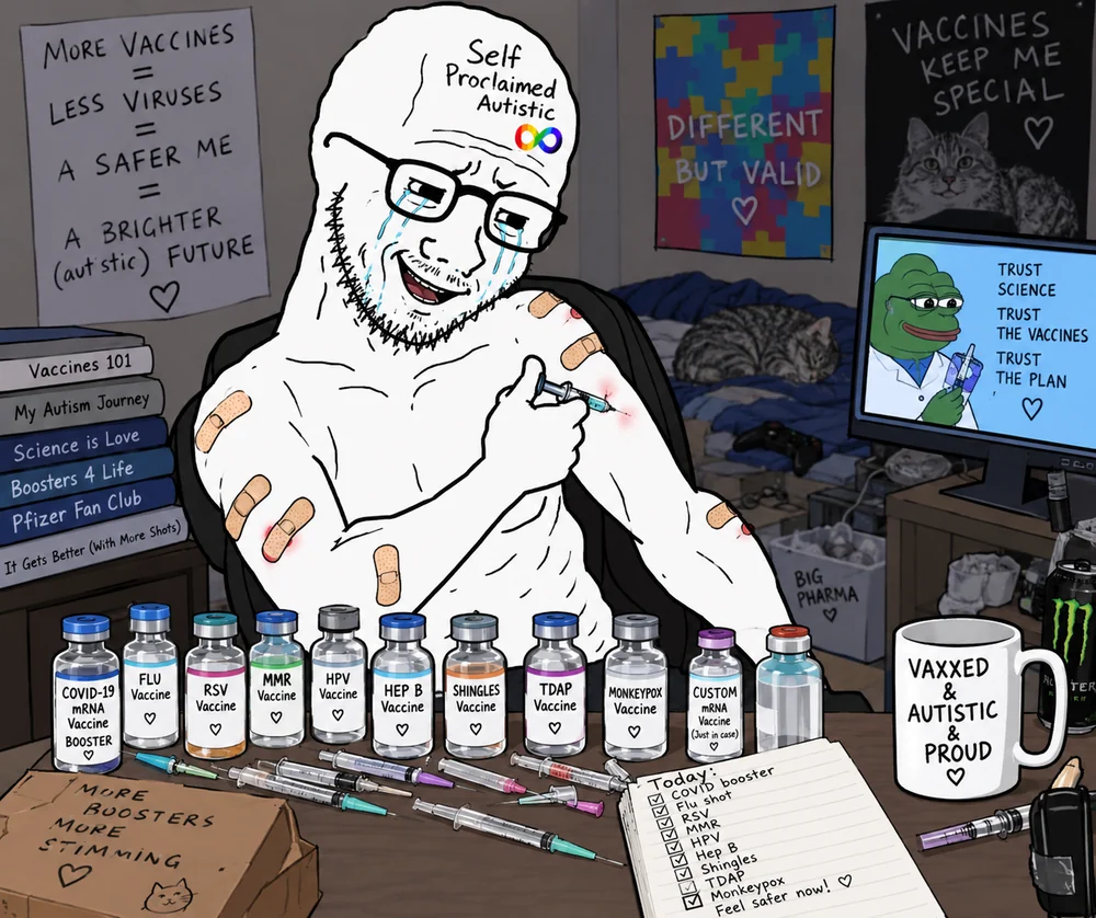 A wojak in a beanie labelled Self Proclaimed Autistic, crying with joy while injecting himself, surrounded by labelled vaccine vials.